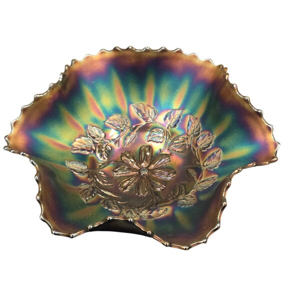 Vintage Fenton Carnival Glass Bowl Scalloped Edge Floral Pattern 10” - Picture 2 of 7